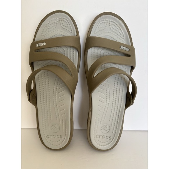 Crocs Patricia Wedge Slide Sandal Womens Size 10 Beige Brown Tan Comfort - Picture 1 of 7
